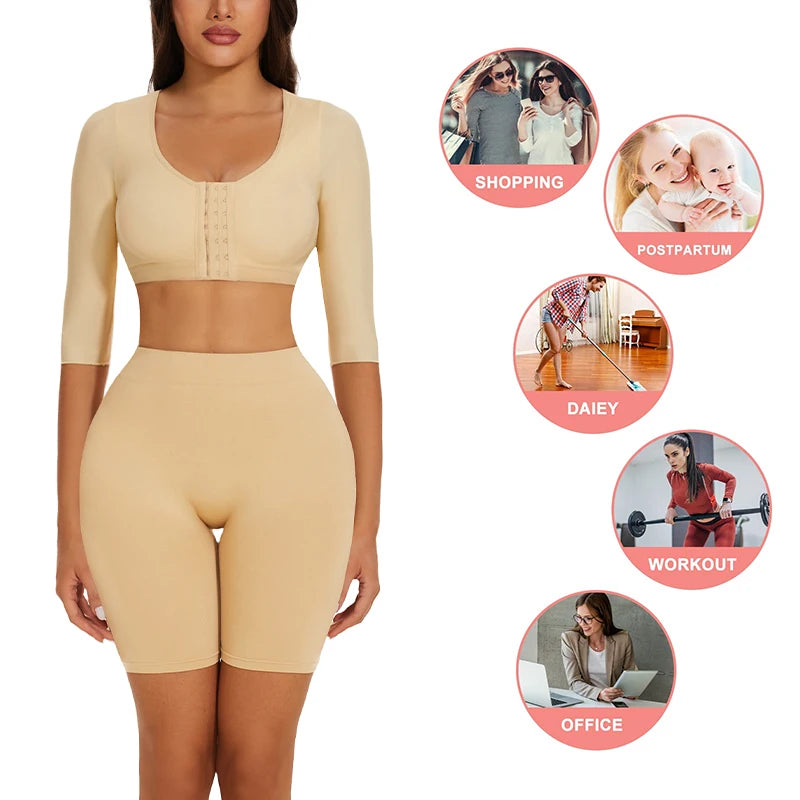 Body Shaper with Arm Women Shaper Tops for Compression Post Surgery Front Closure Bra Shapewear Back Support Cropped T Shirt