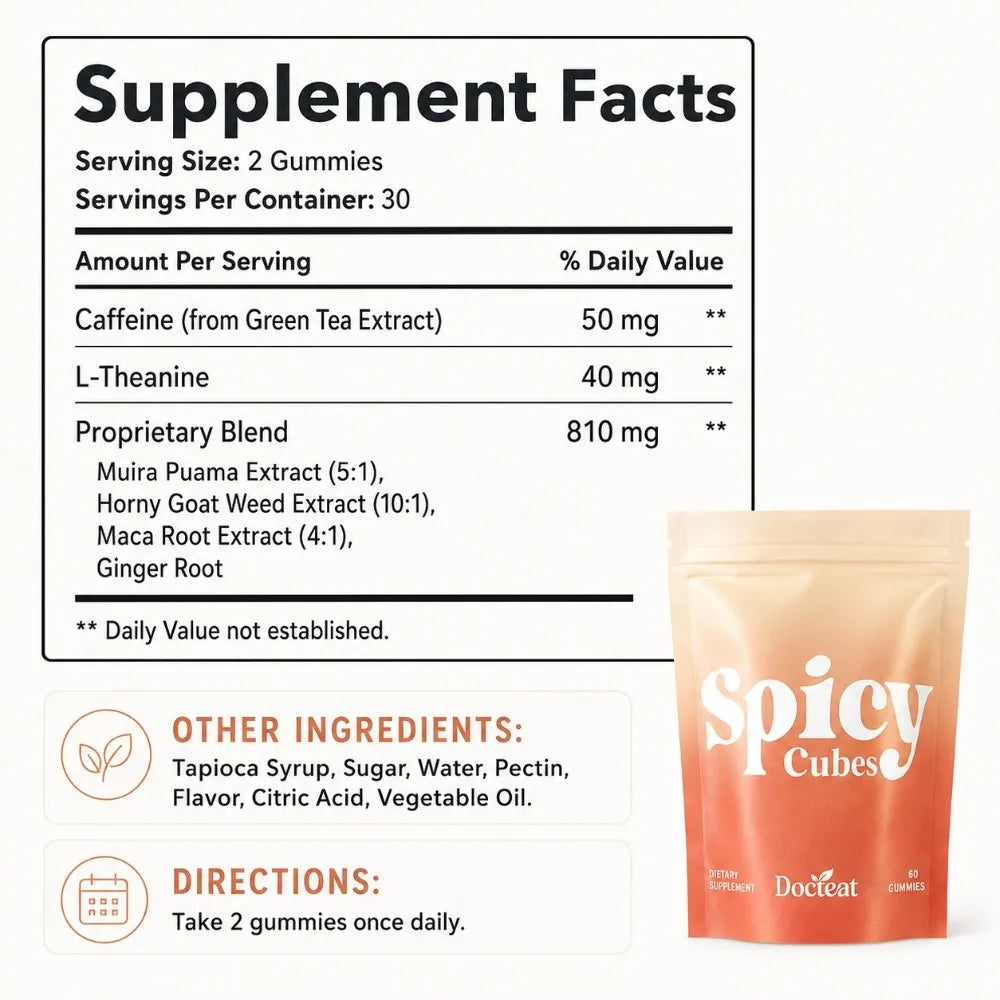 Docteat Spicy Cubes Gummies 60 Count Green Tea Caffeine L-Theanine Maca Ginger Herbal Blend Daily Vitality Wellness Supplement