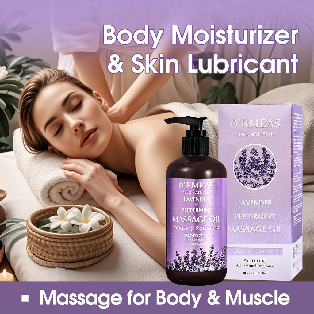 Lavender & Peppermint Infused Massage Body Oil - Warming & Moisturizing Formula for Men & Women, 10.2 Fl.Oz
