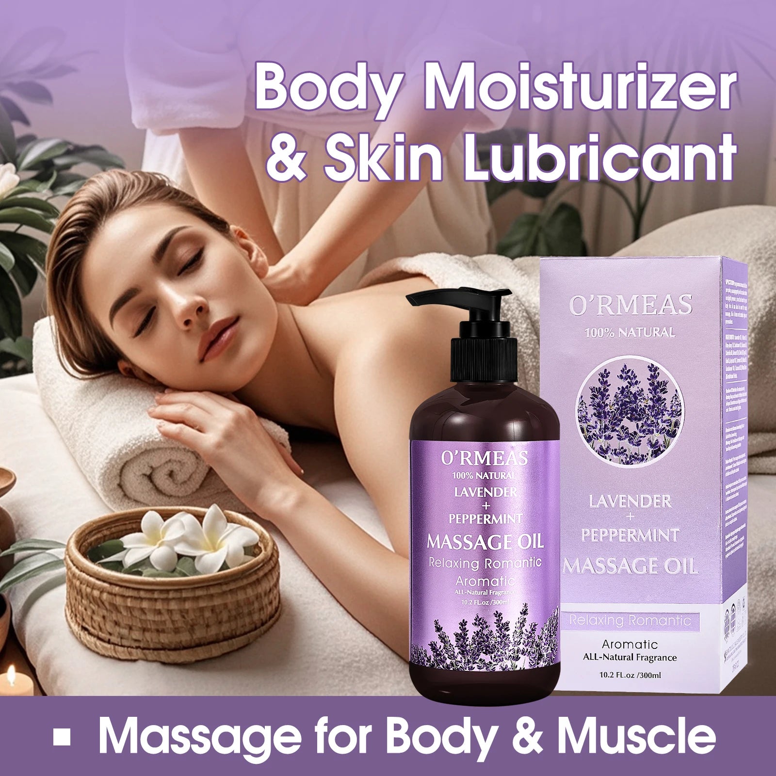 Lavender & Peppermint Infused Massage Body Oil - Warming & Moisturizing Formula for Men & Women, 10.2 Fl.Oz
