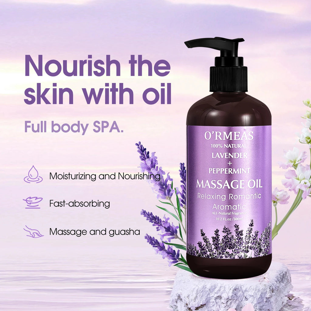 Lavender & Peppermint Infused Massage Body Oil - Warming & Moisturizing Formula for Men & Women, 10.2 Fl.Oz