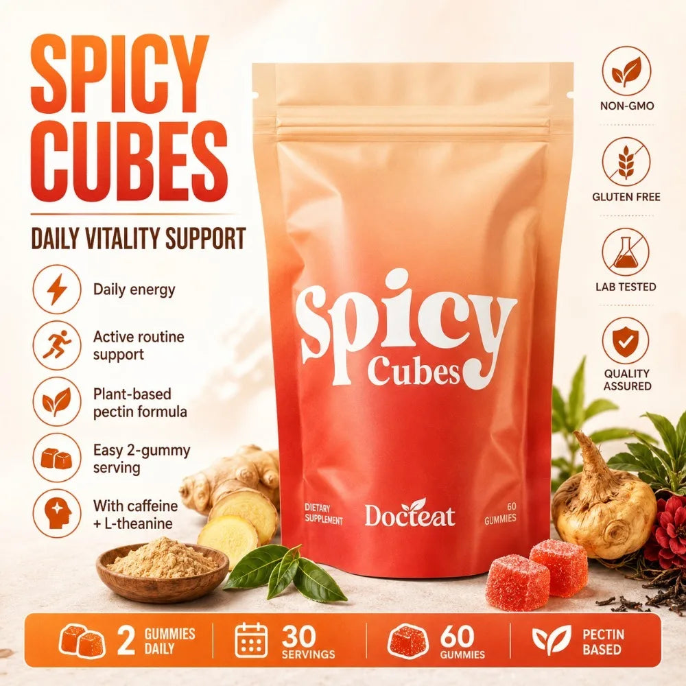 Docteat Spicy Cubes Gummies 60 Count Green Tea Caffeine L-Theanine Maca Ginger Herbal Blend Daily Vitality Wellness Supplement