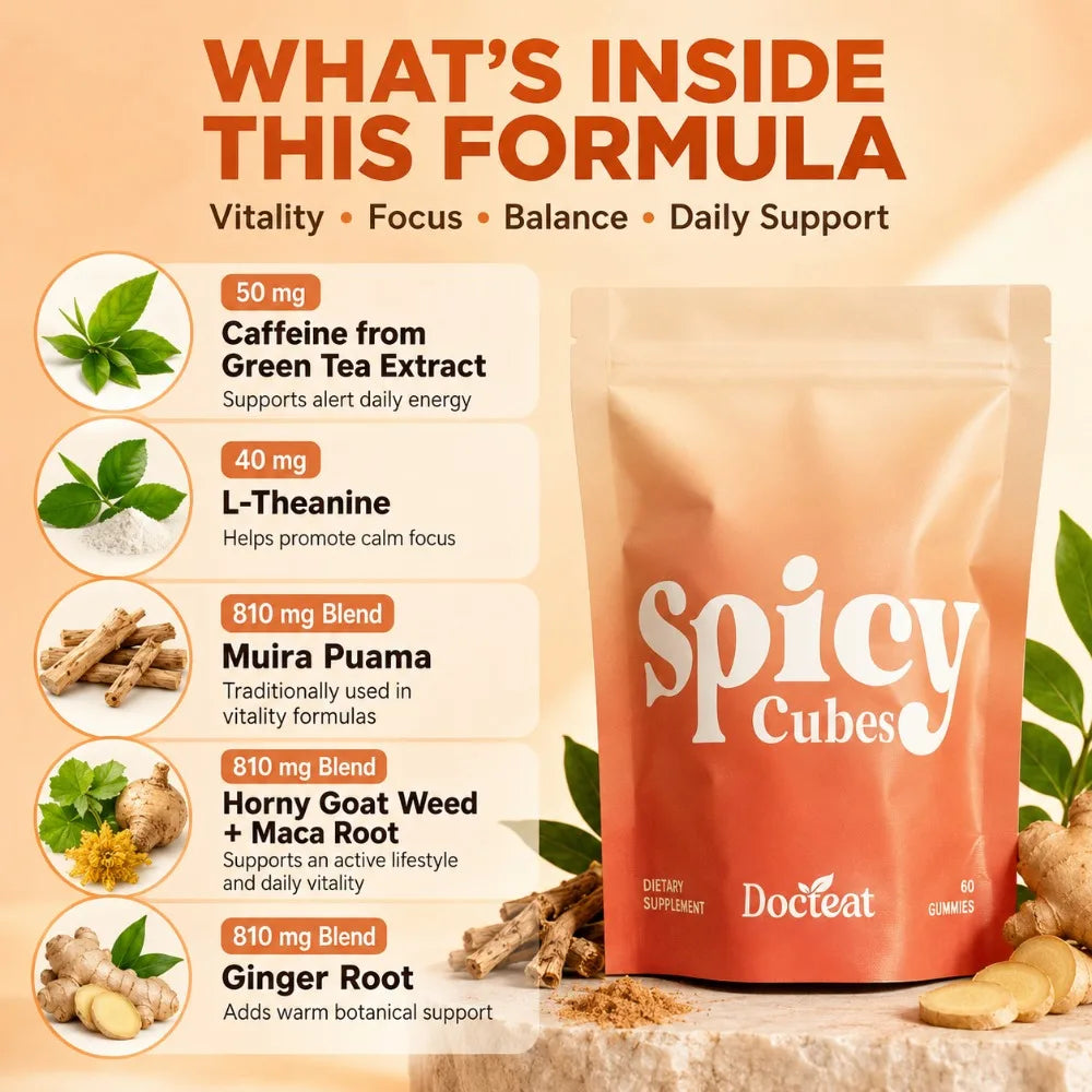 Docteat Spicy Cubes Gummies 60 Count Green Tea Caffeine L-Theanine Maca Ginger Herbal Blend Daily Vitality Wellness Supplement