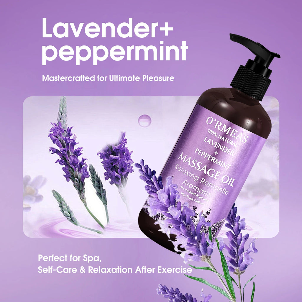 Lavender & Peppermint Infused Massage Body Oil - Warming & Moisturizing Formula for Men & Women, 10.2 Fl.Oz