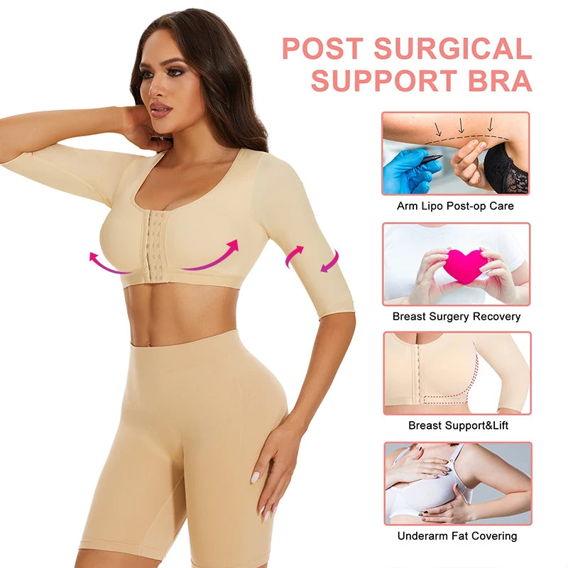 Body Shaper with Arm Women Shaper Tops for Compression Post Surgery Front Closure Bra Shapewear Back Support Cropped T Shirt